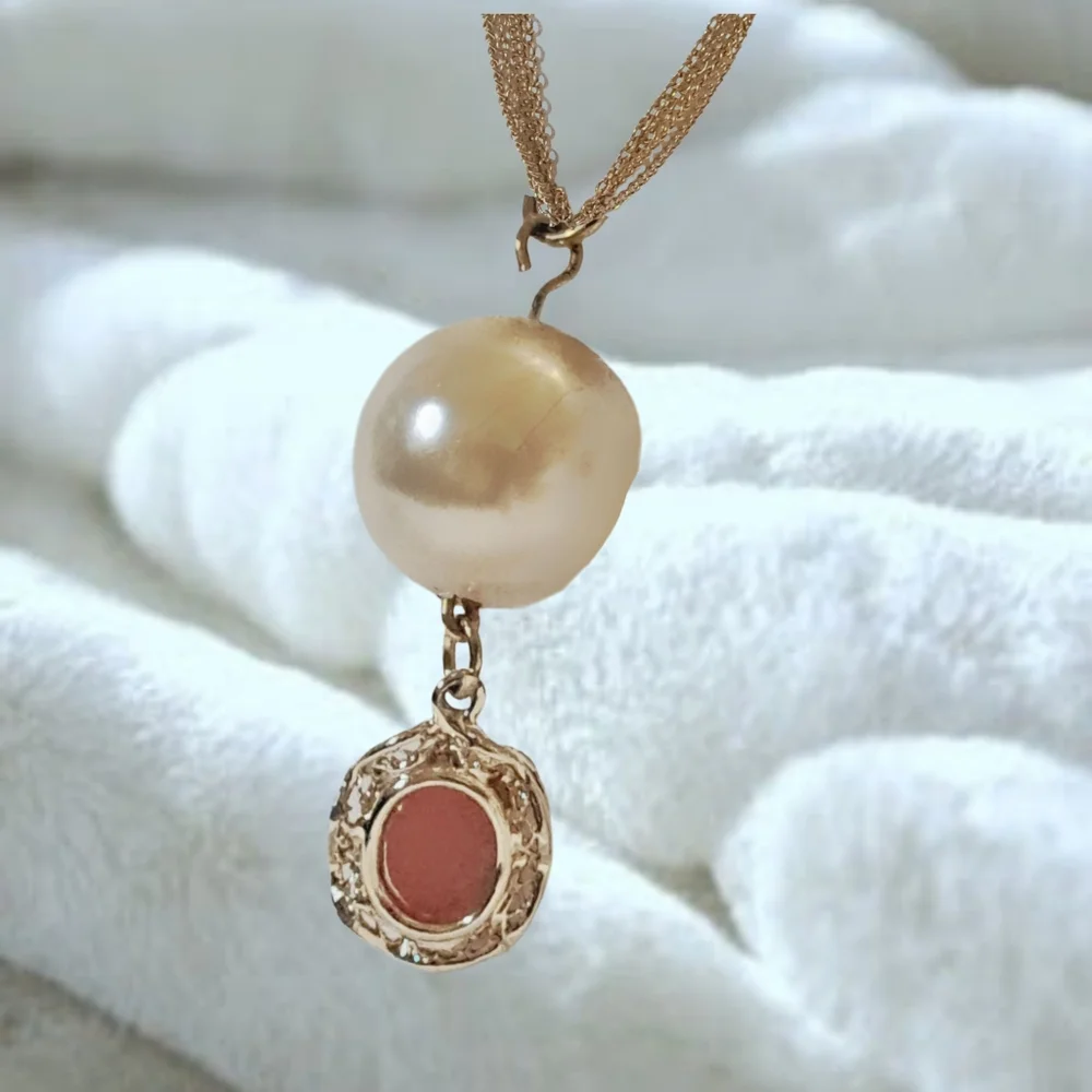 Gold Tone Multilayer Necklace with Faux Pearl and Small Cameo